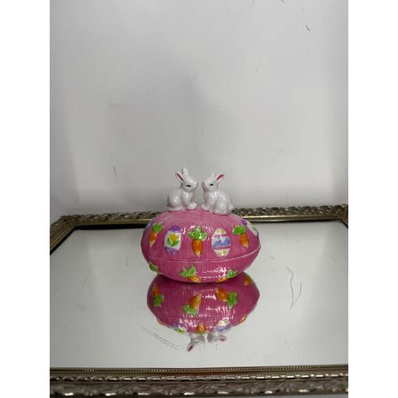 Vintage Trinket Box Pink Easter Egg Shaped Bunny Rabbits Top 4" Tall Ceramic - Picture 9 of 10